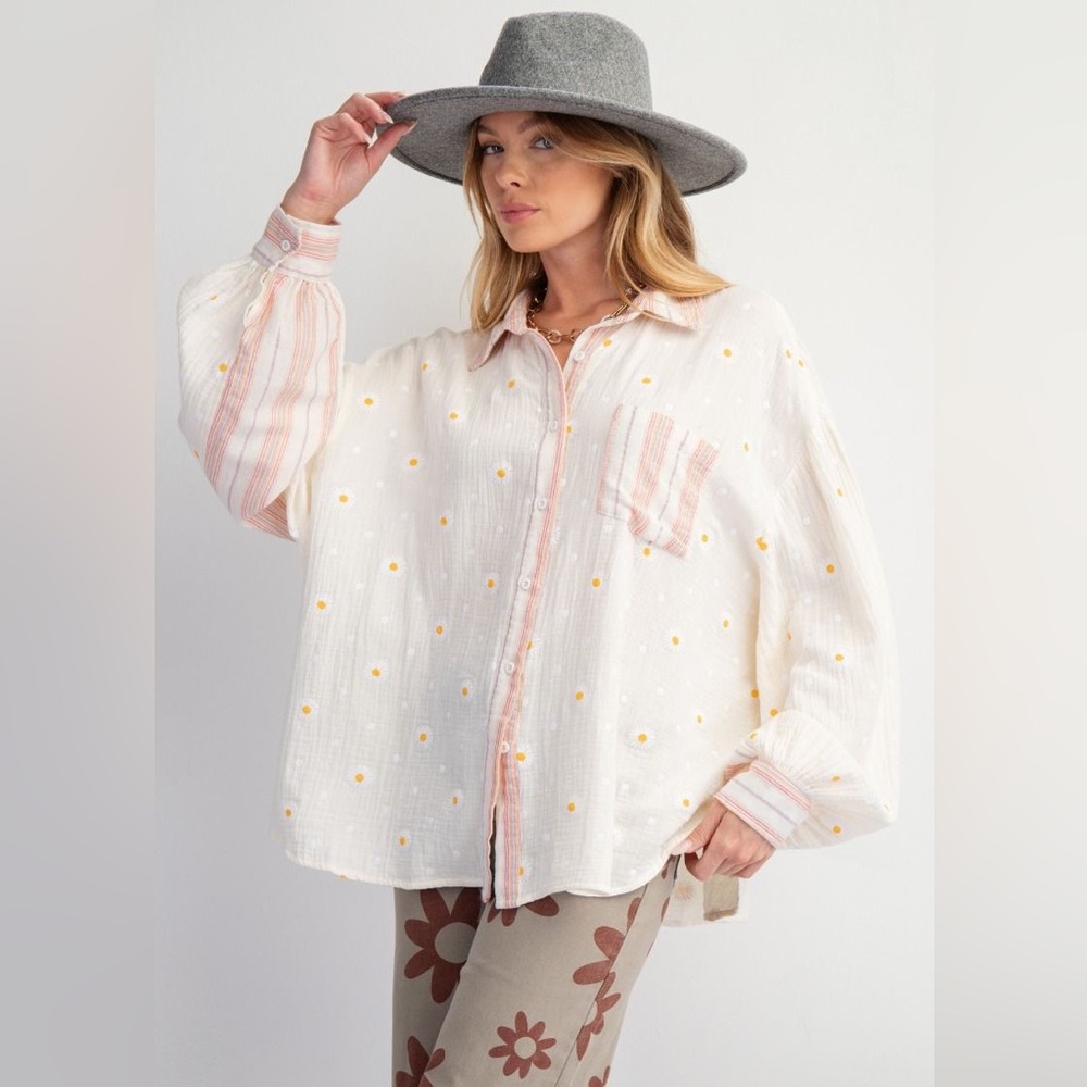 easel Cream Button-Down Shirt with Yellow Dot Print